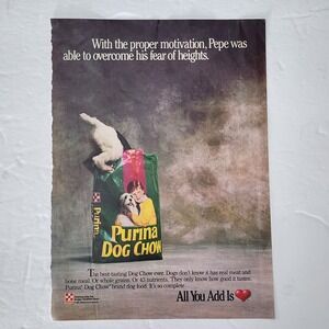 Vintage Print Ad Purina Dog Chow Pepe black white climbing in bag clipping 1990